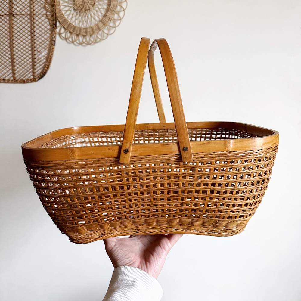 Large Bamboo Rattan Shopping Basket Vintage Bohemian Cottage Core Farmhouse